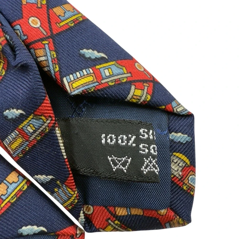 Salvatore Ferragamo Blue Red‎ Train Print Pure Silk Necktie Made in Italy 57x3.5
